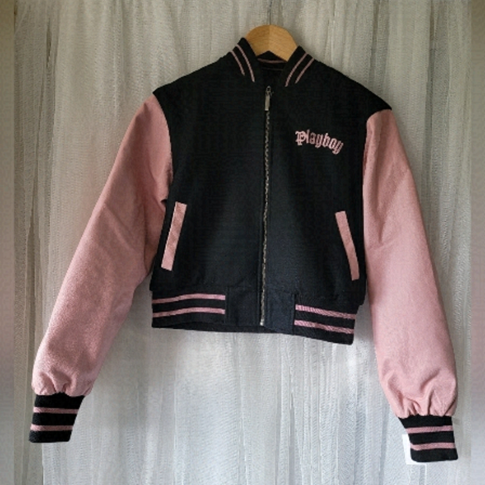 Vtg Y2K Genuine Leather Wool Playboy Reversible Pink Varsity Letterman Jacket